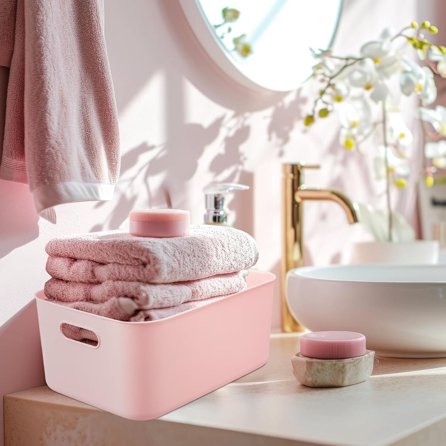 Hoolerry 8 Pieces Colorful Storage Bins with Lid, Plastic Storage Basket Organizing Container Stackable Box with Handle for Shelves Desktop Playroom Office(13.8 x 9.8 x 5.9 Inch,White and Pink)