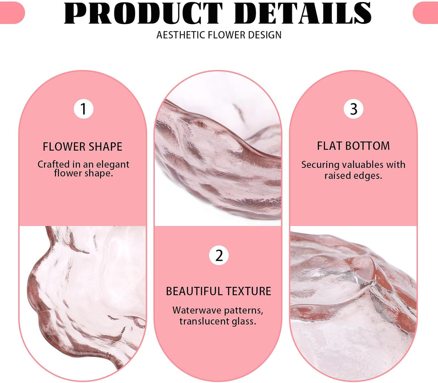 4 Pack Ring Dish Jewelry Tray, Small Glass Trinket Dish, Decorative Aesthetic Ring Holder Plate Bowl for Women Ring Earring Bracelet for Vanity Nightstand (Crystal Pink)