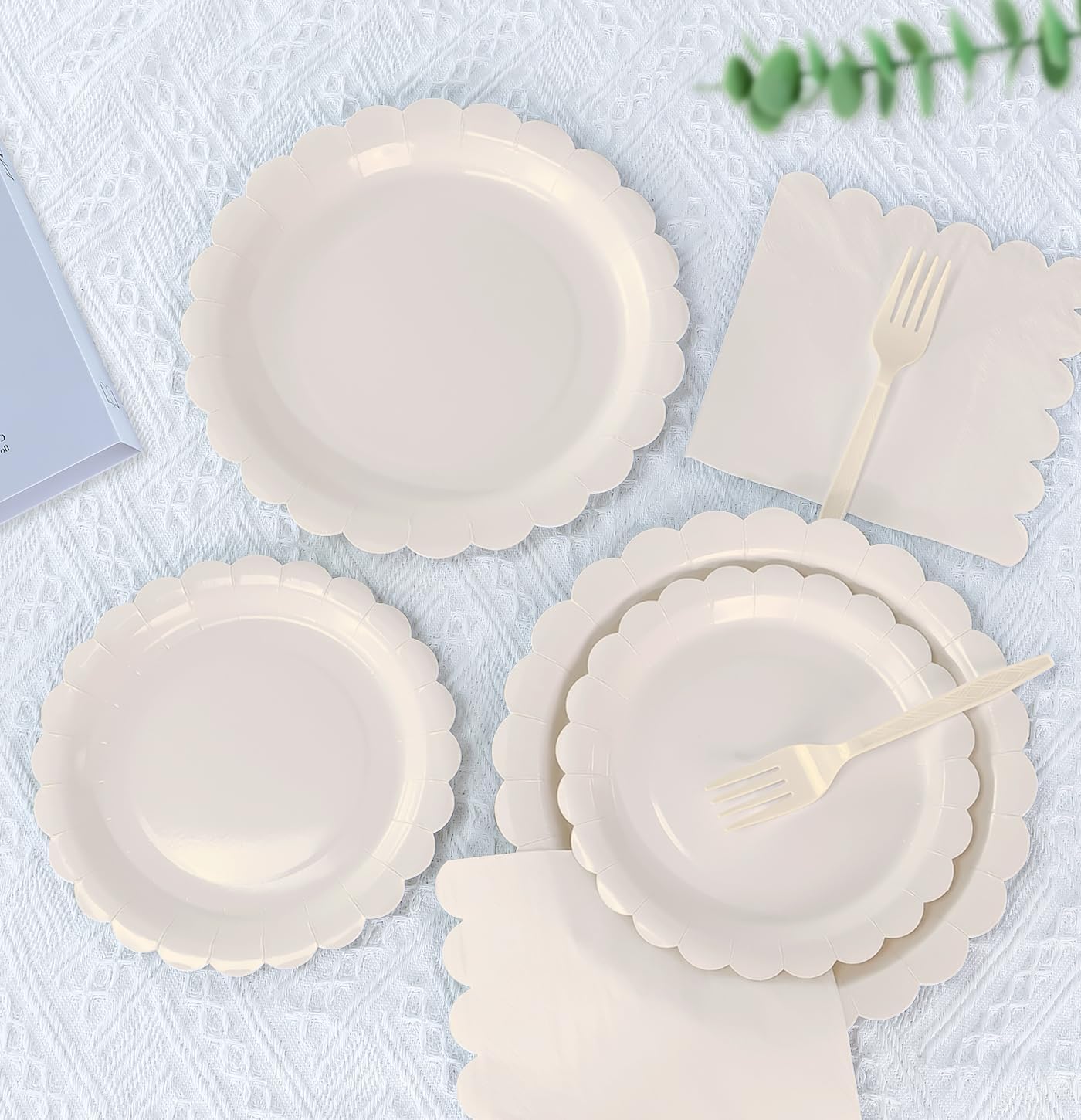 96 Pcs Ivory Plates and Napkins Party Supplies Serve 24 Guests Including Baby Ivory Scalloped Paper Plates and Napkins Plastic Forks for Baby Shower Birthday Party Disposable Dinnerware Set