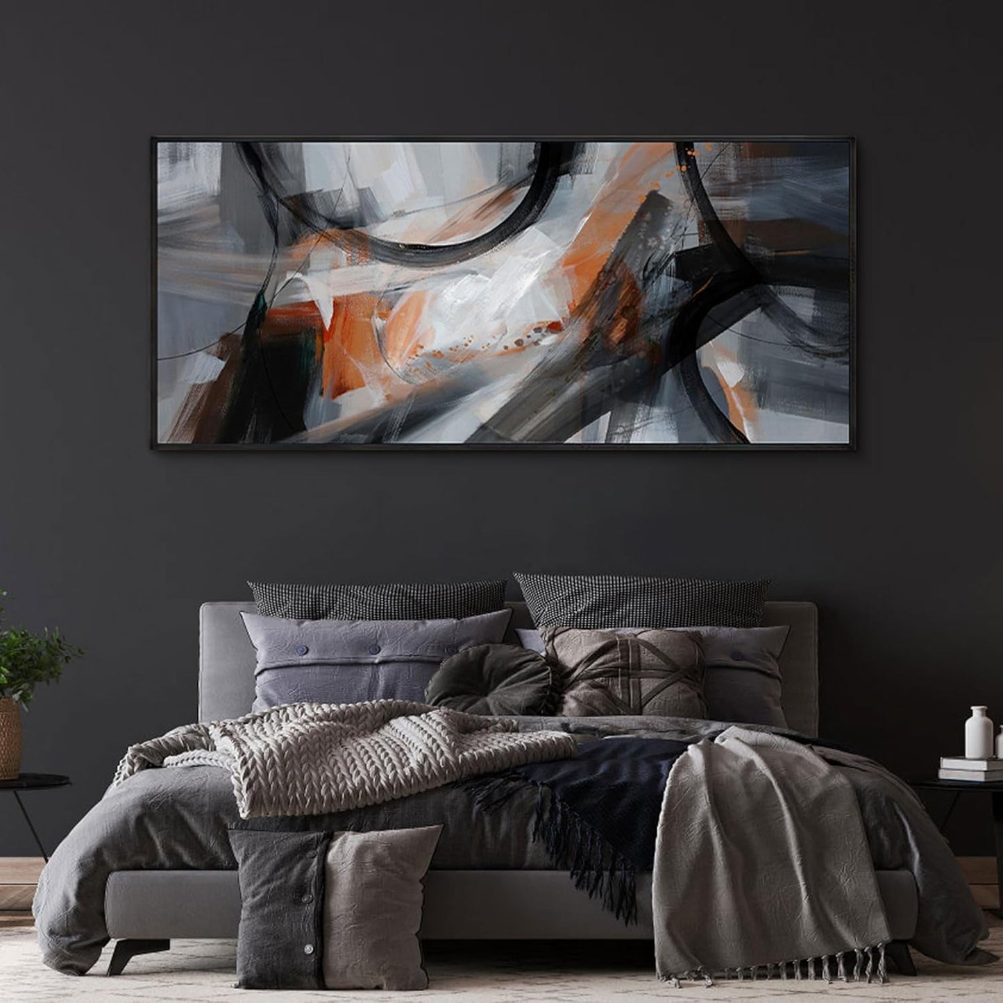 KLAKLA Wall Art for Living Room - Black and Orange Boho Abstract Canvas Framed Wall Decor Office Bedroom Art Modern Large Picture Artwork for Walls Prints Paintings Artwork 70x31 Inches