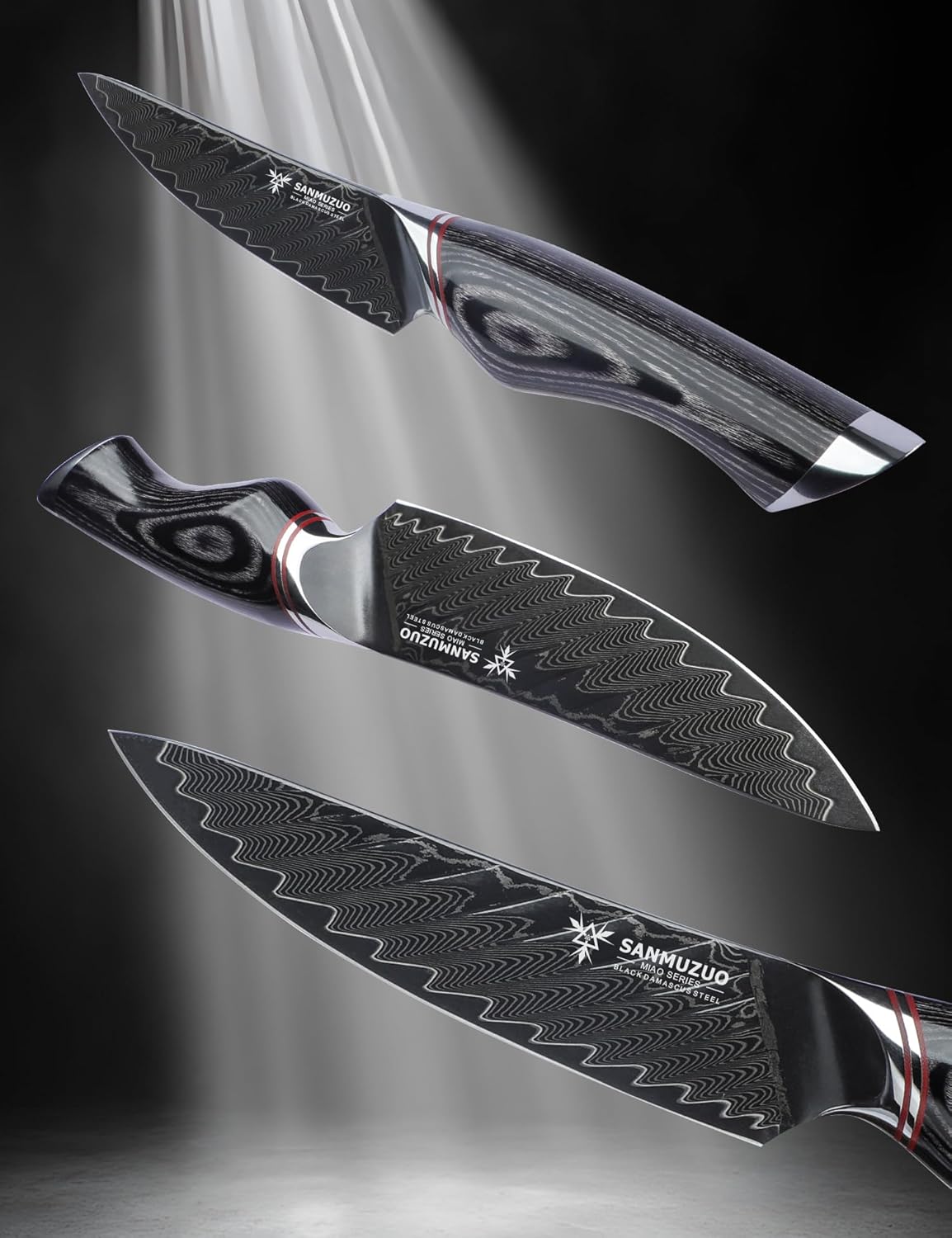 5 Inch Utility Knife - Fruit and Vegetable Knives, Black Damascus Steel with Ergonomic Handle - MIAO Series