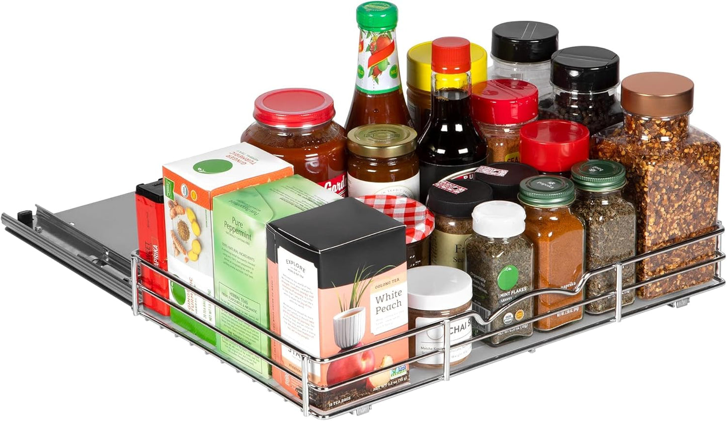 Pull Out Cabinet Organizer for Spices, Cans - Heavy Duty with Lifetime Limited Warranty- Pull Out Spice Rack- Cabinet Pull Out Shelf for Cans,Dishes, Etc, 16-3/8"Wx 10-1/2"D x 2-3/4” H, Chrome