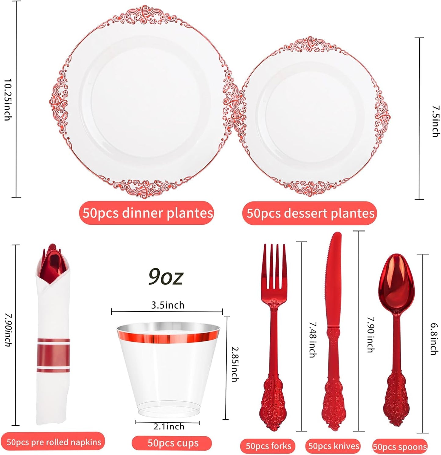 Hioasis 350pcs Clear Red Plastic Plates - Elegant Disposable Dinnerware Set Suitable for 50 Guests Include 10.25" Dinner & 7.5" Dessert Plates, Pre Rolled Silverware Set, Cups for Party & Wedding