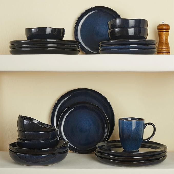 24 Piece Ceramic Dinnerware Sets for 8, Starry Blue Reactive Glaze | Unique Coastal Edge for Holiday Gatherings, Thanksgiving, Dinner Parties | Microwave & Dishwasher Safe Stoneware Dish Set
