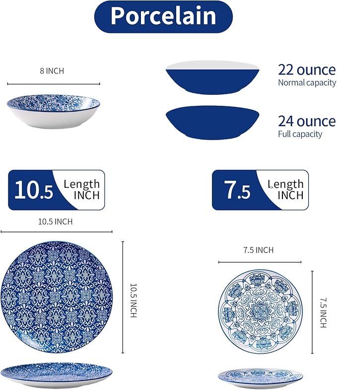 Bestone Porcelain Dinnerware Sets Service for 4, 12 pcs Hand drawn Plates and Bowls Sets, Handmade Ceramic Dish Set, Chip Resistant Modern Plate Set, Dishwasher/Microwave Safe，Vintage Blue
