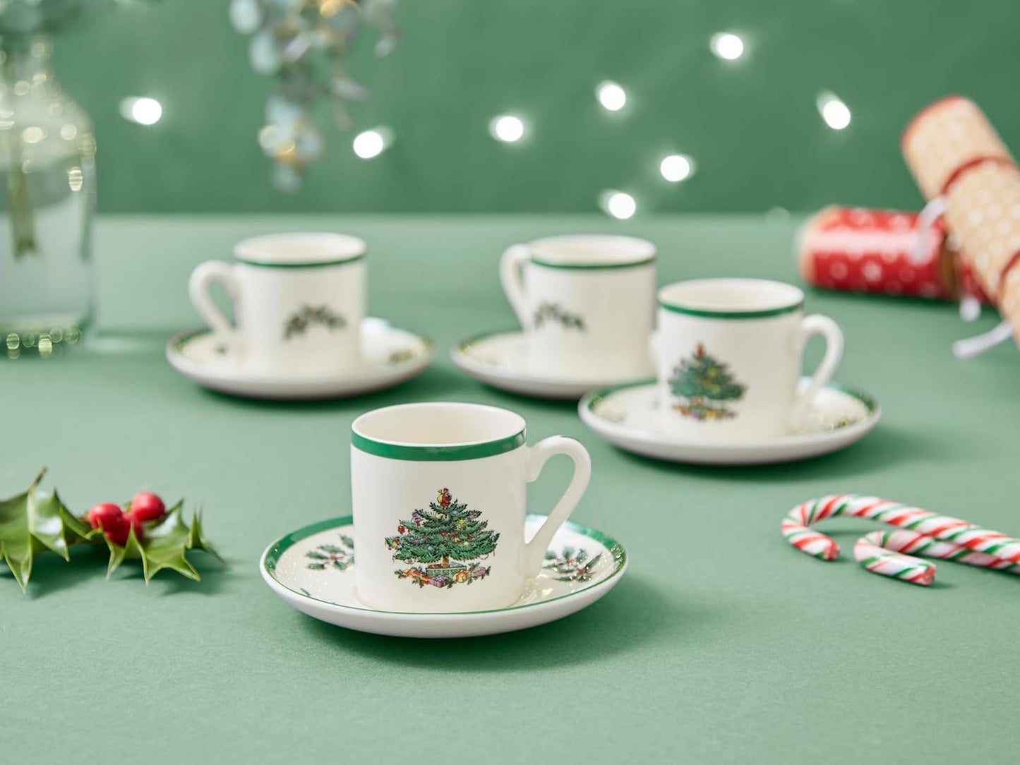 Spode Christmas Tree Espresso Cup & Saucer Set (Set of 4) - Festive 3 Ounce Coffee Mugs with Saucers, Fine Earthenware for Espresso, Holiday Gift & Christmas Décor - Dishwasher & Microwave Safe