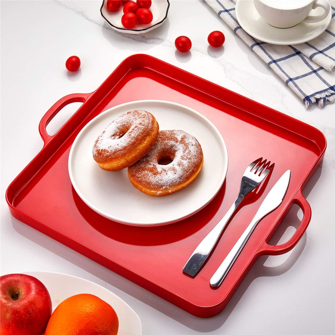 Square Serving Trays with Handles Melamine Red 12.5x12.5 Inch Spill Proof Kitchen Eating Trays Set of 2 for Cafeteria Cafe Food Appeizer Dessert Snack Dinner Lunch Breakfast,TR17-02