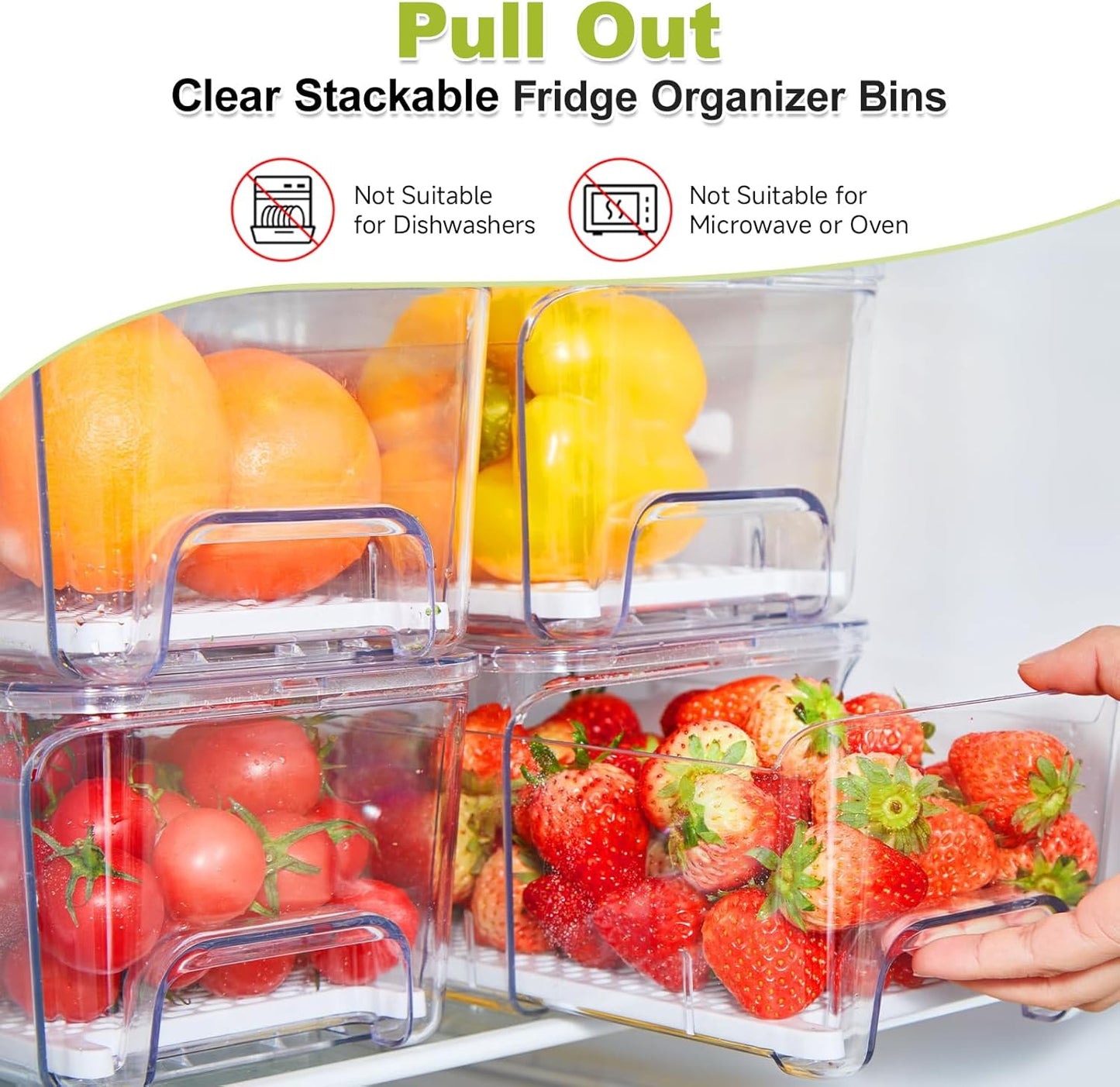 4-Pack Refrigerator Drawer Organizer Bins, Clear Stackable Pull Out Fridge Organizers and Storage Container, with Strainer Layer for Fruits, Vegetables, Drinks, Snack and Food