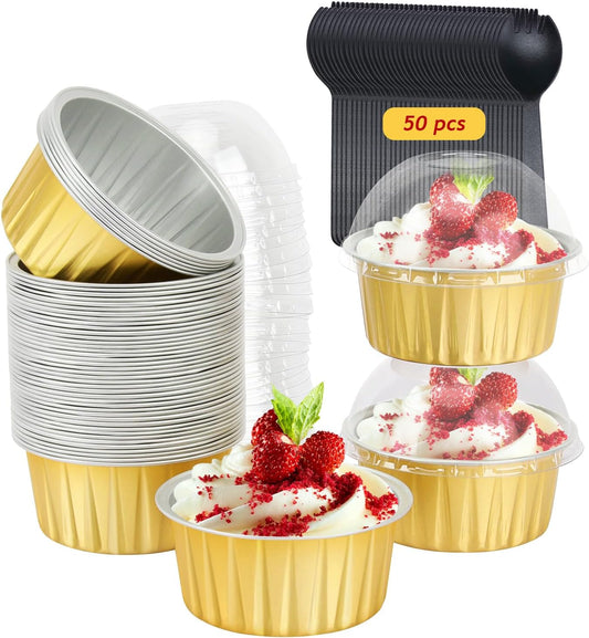 Aluminum Cupcake Liners with Dome Lids 50 Pack,Free-Air 5oz Foil Baking Cups Muffin Tins,Disposable Ramekins Jumbo Muffin Liners for Wedding Birthday Party,with 50 Spoons-Gold