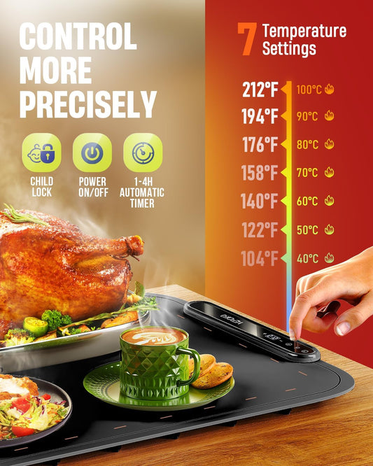 Food Warming Mat for Buffet, VEPOKA Food Warming Mats for Countertop, Silicone Heating Mat with 7 Temperature Levels& Auto Shut-Off, Food Warmers for Parties, Gatherings, Everyday Use