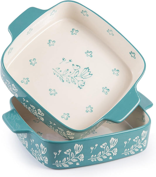 Wisenvoy 9x9 Baking Pan Set, Ceramic, 2-pcs Green, Square, Glazed, Oven, Dishwasher, Microwave, Freezer Safe