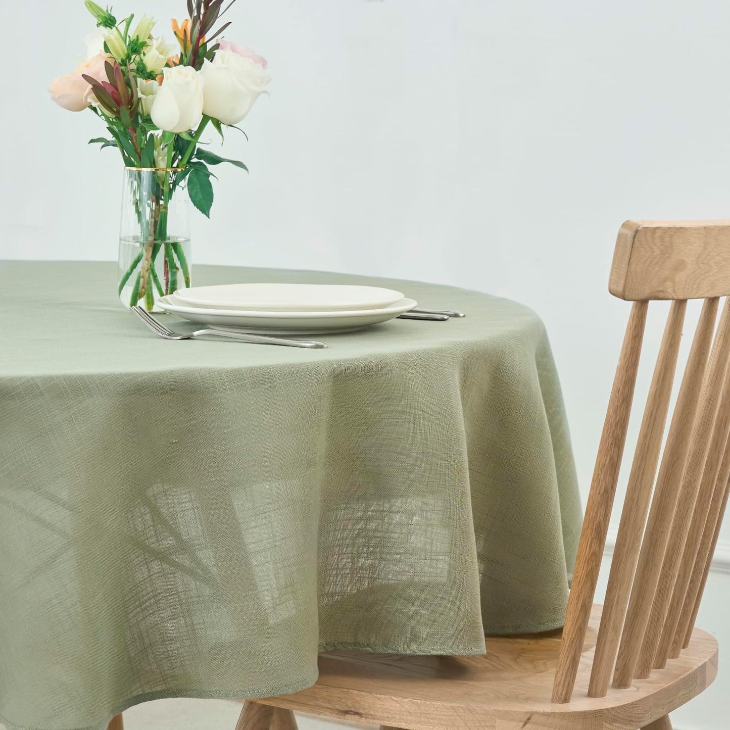 maxmill Lux Faux Linen Tablecloth with Slubby Texture Wrinkle Resistant Anti-Shrink Soft Table Cloth for Kitchen Dining Restaurant Tabletop for Event Holiday Dinner Round 70 Inch Sage Green
