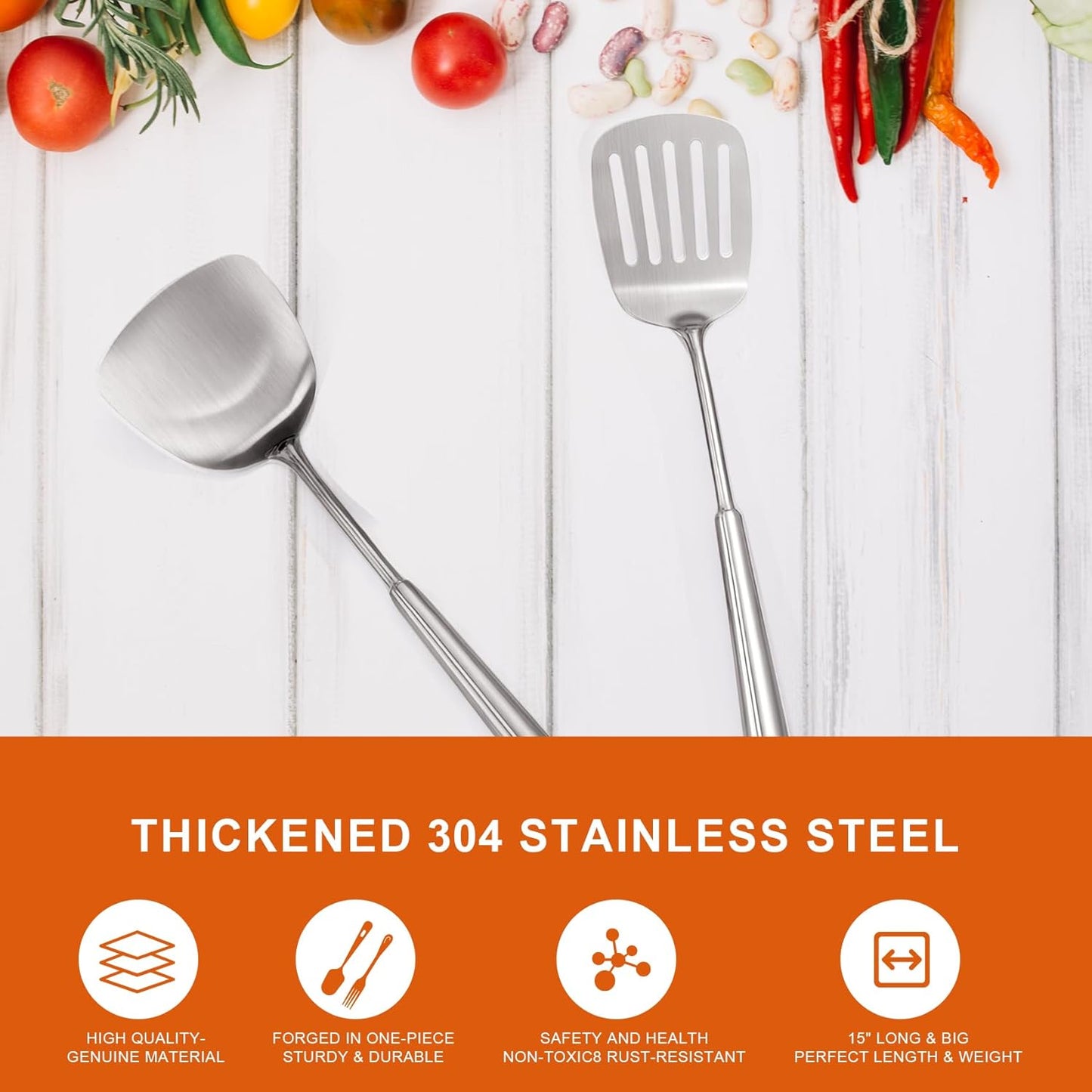 304 Stainless Steel Utensil, 2 PCS Large Metal Cooking Utensil Tools Spatula Set