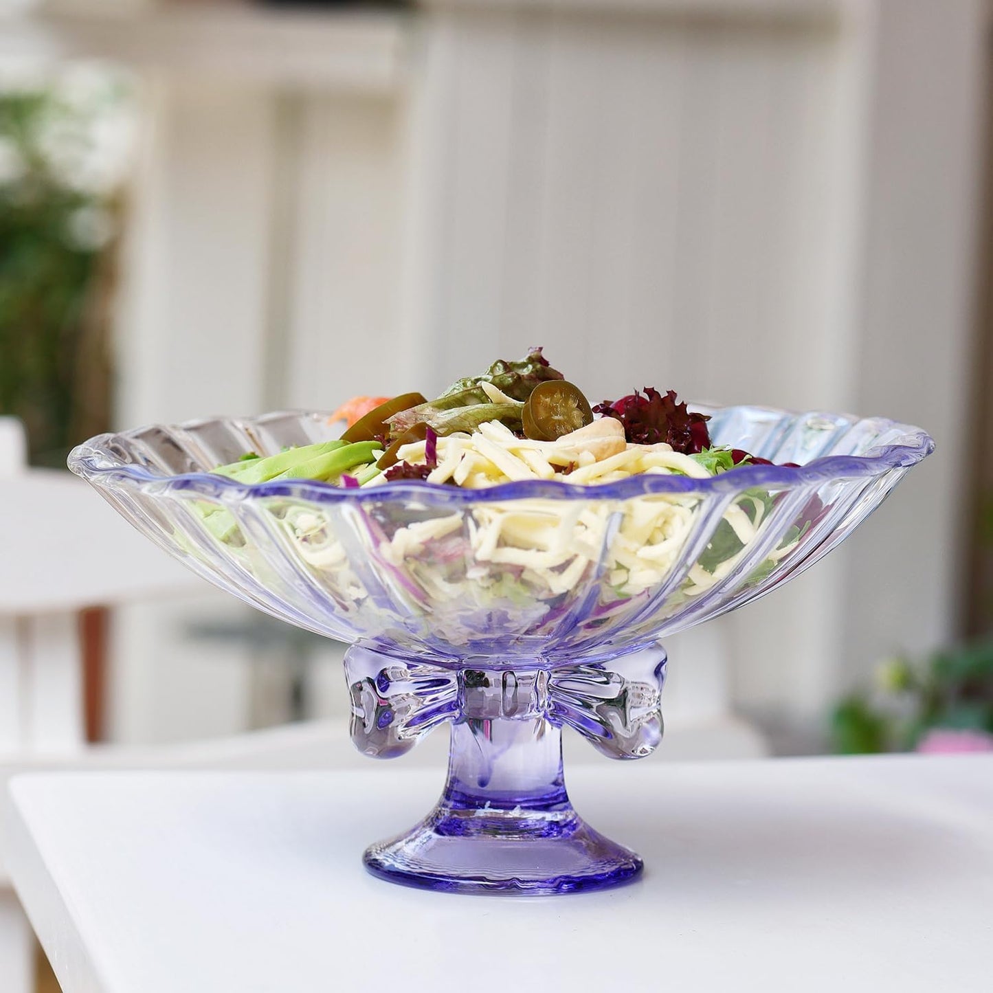 Glass Fruit Bowl. 9 inch Glass Pedestal Bowl. Elegant Bow Decoration Multicolor Salad Plate. Suitable for Fruit, Dessert, Candy, Snack & More. (Purple)