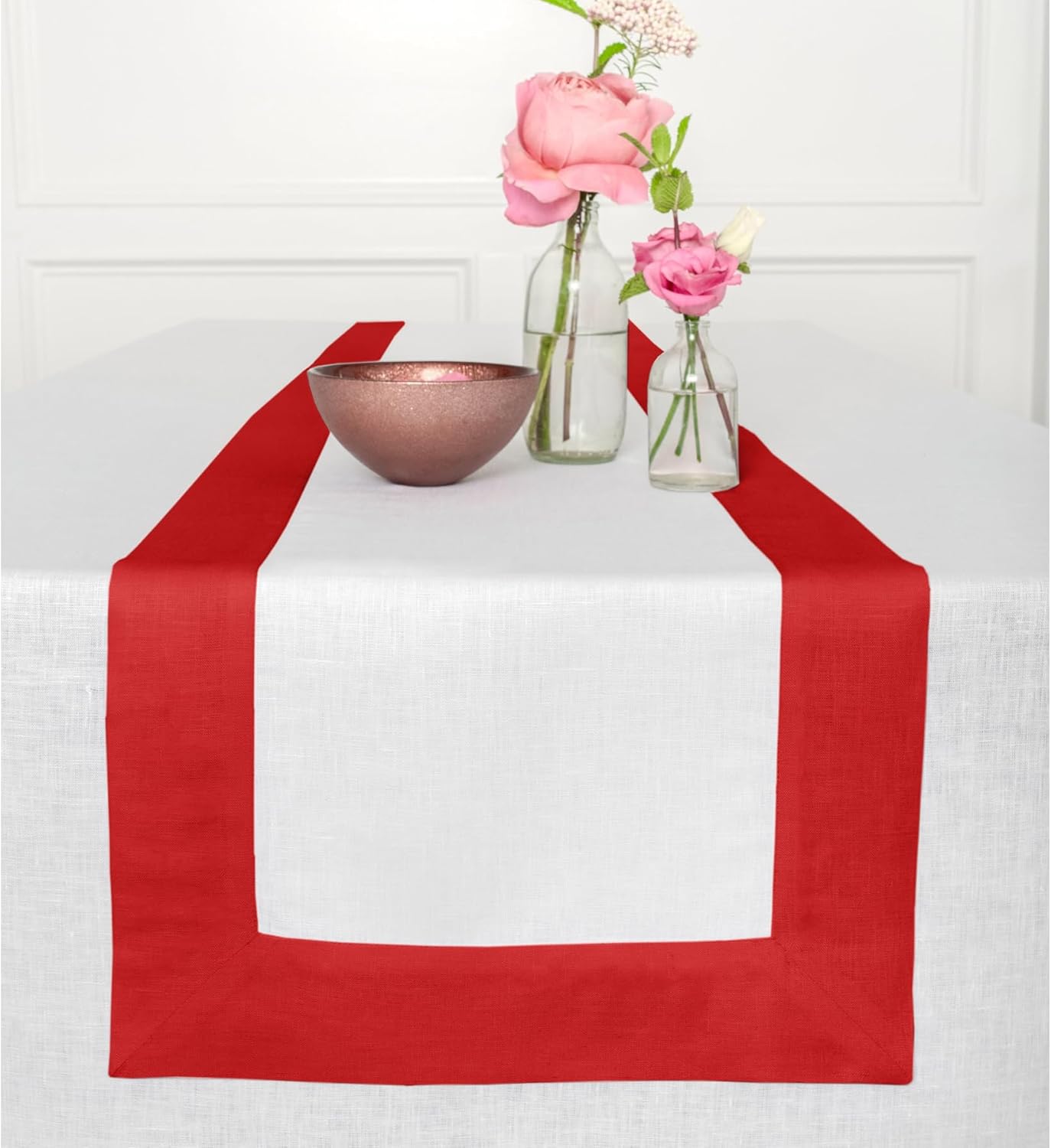 Solino Home Linen Table Runner 108 Inches Long - Red and White 100% Pure Linen 14 x 108 Inch Table Runner for Dining, Christmas, Holiday - Contempo