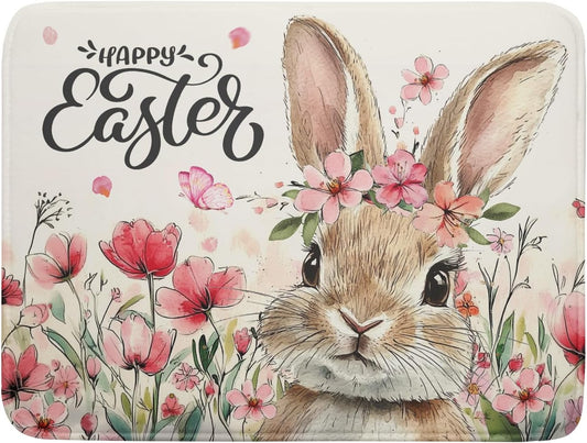 Happy Easter Dish Drying Mat 18x24 Inch,Cute Bunny Pink Flowers Festival Holiday Absorbent Microfiber Dishes Drainer Rack Pad for Kitchen Counter Sink Coffee Maker Bar Table Decor