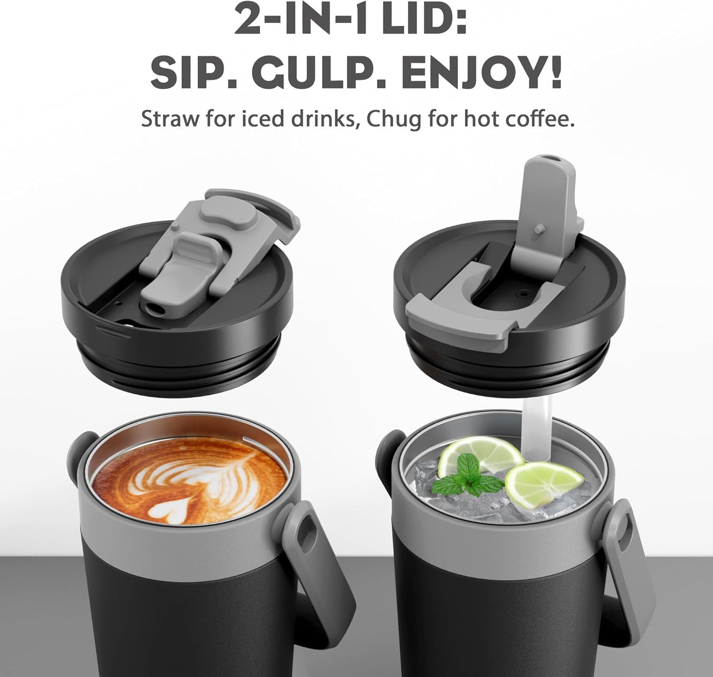 16 oz Insulated Coffee Mug for Travel: 2-in-1 Straw Flip Lid, Keep Cold 24H, Fit in Car Cupholder, Leakproof, Stainless Steel Coffee Tumbler with Handle for Work, Outdoor, Gifts and Home (Midnight)