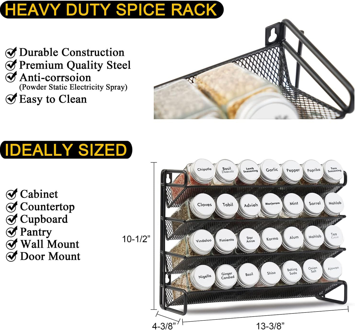 SpaceAid Spice Rack Organizer with 28 Spice Jars, 386 Spice Labels, Chalk Marker and Funnel Set for Cabinet, Countertop, Pantry, Cupboard or Door & Wall Mount - 28 Jars, 13.4" W × 10.8" H, White