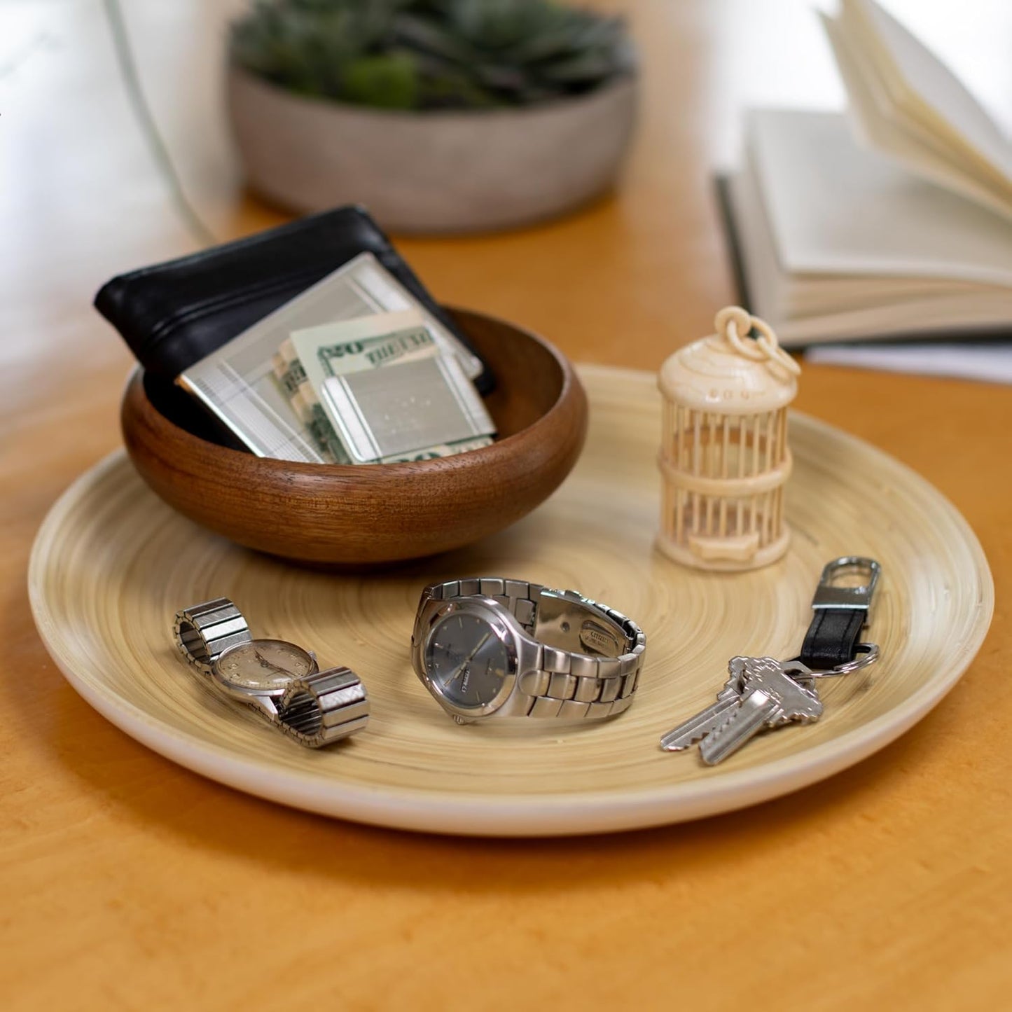 LEXA 12" Handcrafted 2PCs Bamboo Round Wooden Serving Tray For Serving Food - Small Wooden Tray For Ottoman Coffee Table Tray - Charcuterie Wood Trays Home Decor - Decorative Tray For Kitchen Counter