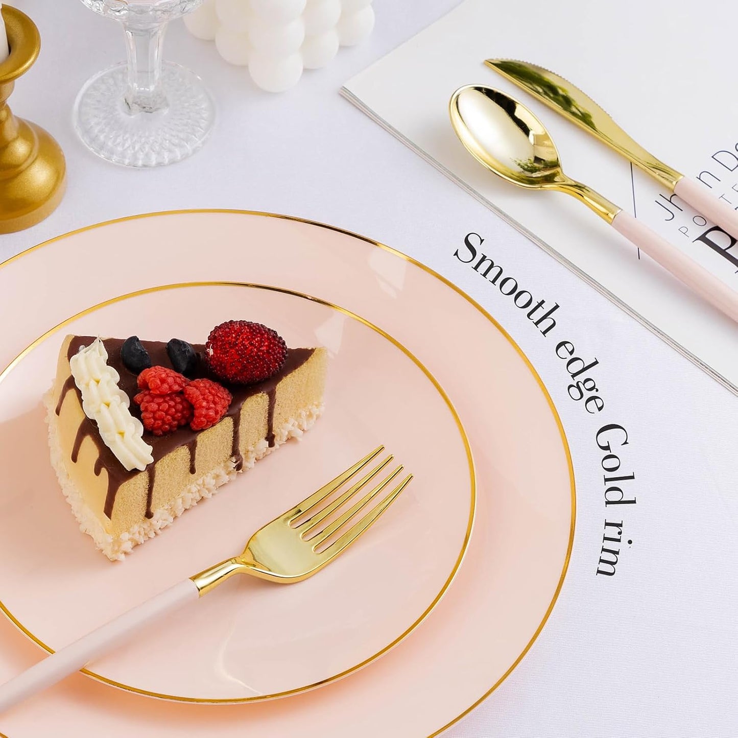 350 Pieces Pink Gold Plastic Dinnerware Set, Gold Disposable Plates for Party, Graduation, Include 100 Pink Plates with 150 Plastic Cutlery, 50 Napkins and 50 Cups