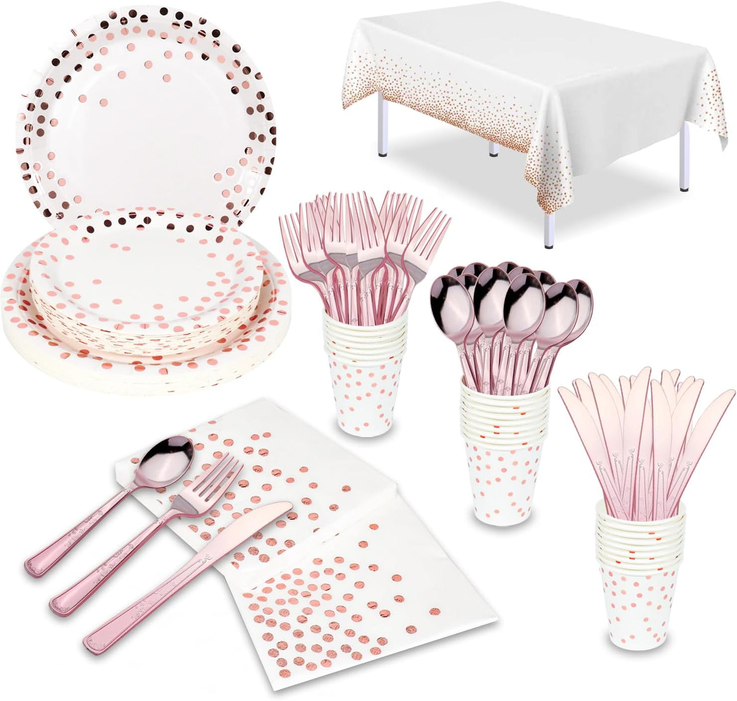 176 Pieces Rose Gold Disposable Party Dinnerware Set &Golden Dot Disposable Party Dinnerware - White Paper Plates Napkins Cups, Gold Plastic Forks Knives Spoons (25 Guests,176 Pieces)