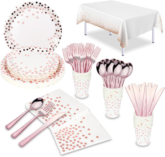 176 Pieces Rose Gold Disposable Party Dinnerware Set &Golden Dot Disposable Party Dinnerware - White Paper Plates Napkins Cups, Gold Plastic Forks Knives Spoons (25 Guests,176 Pieces)