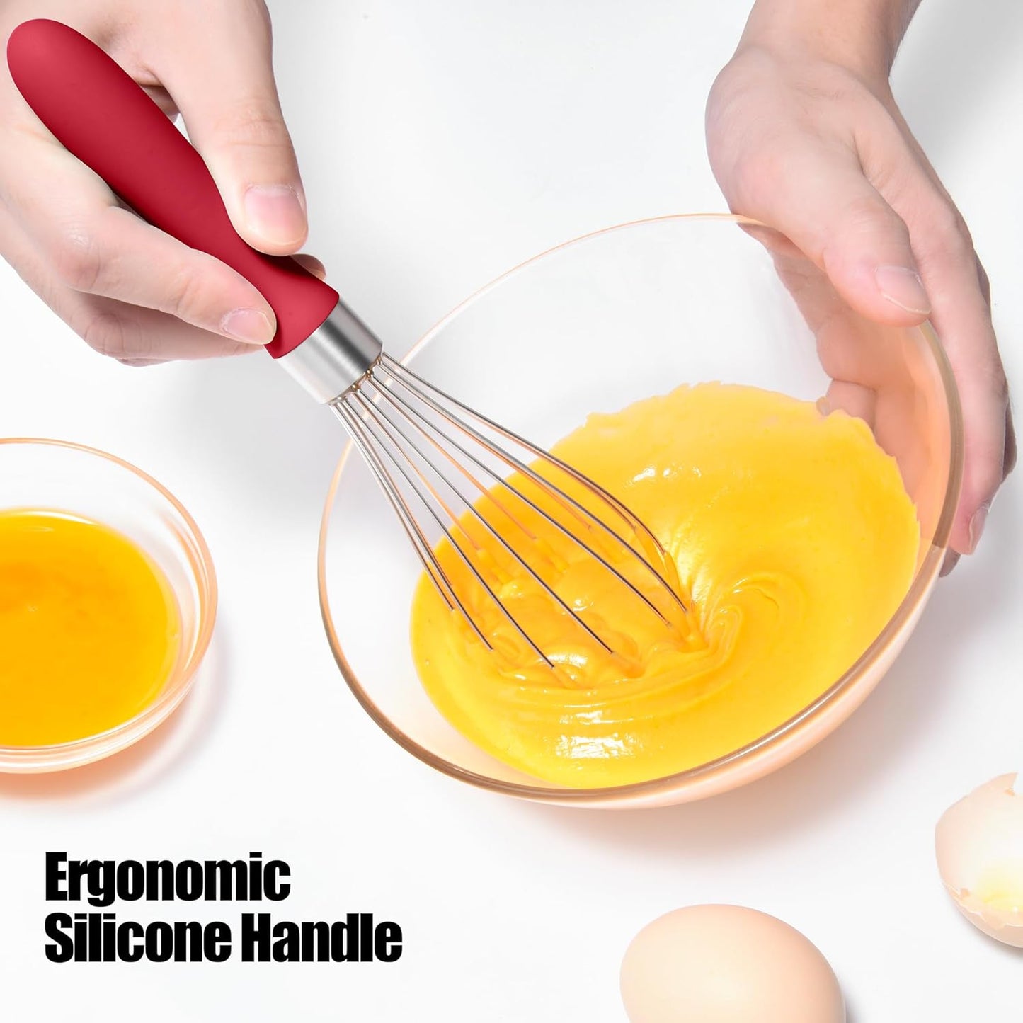 18/8 Stainless Steel Balloon Whisk, Doosu Kitchen Whisk for Cooking Handheld Egg Beater with Rust-Proof Sturdy Wires & Non-Slip Silicone Handle for Beating, Stirring, Blending (6 Wires, Red)