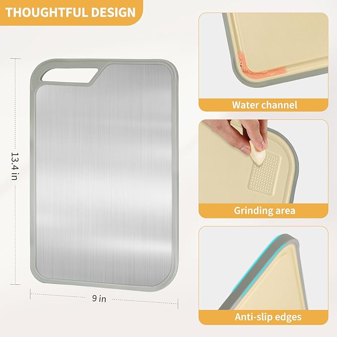 Stainless Steel Cutting Borad,Stainless Steel and Wheat Straw pp Double Sided Food Grade Cutting Boards for Kitchen,Easy to Clean 13.4 X 9 inch,Dishwasher Safe