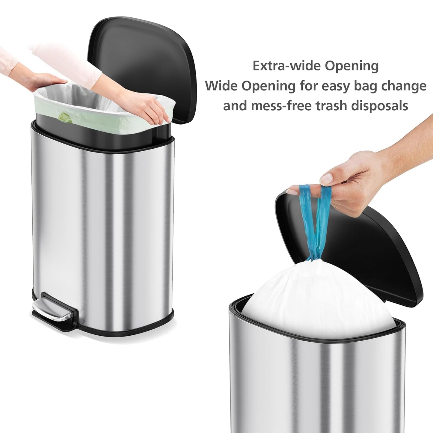 Stainless Steel Trash Can, 15 L/13 gal Hands Free Garbage Can with Soft Close Lid and Foot Pedal, Metal Kitchen Waste Bin with Inner Bucket for Living Room, Office, D Shape, Silver