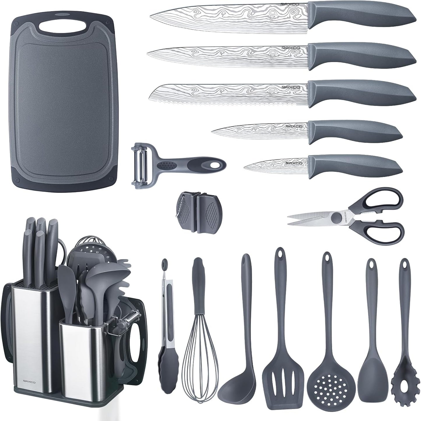 RAXCO Cooking Utensils Set,18-Piece Damascus Texture Knifes and Kitchen Gadgets,Integrated Storage,Grey