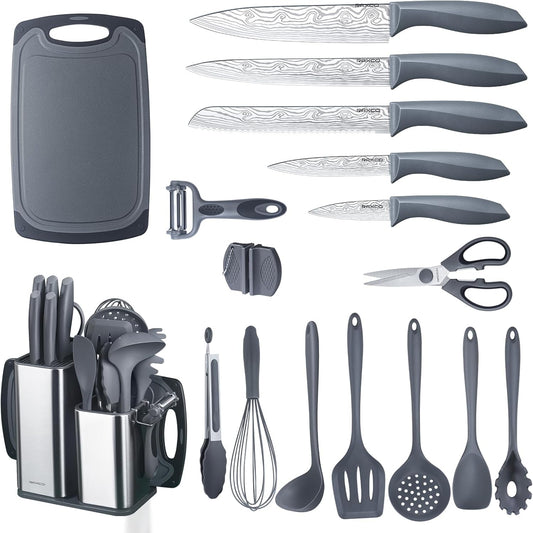 RAXCO Cooking Utensils Set,18-Piece Damascus Texture Knifes and Kitchen Gadgets,Integrated Storage,Grey