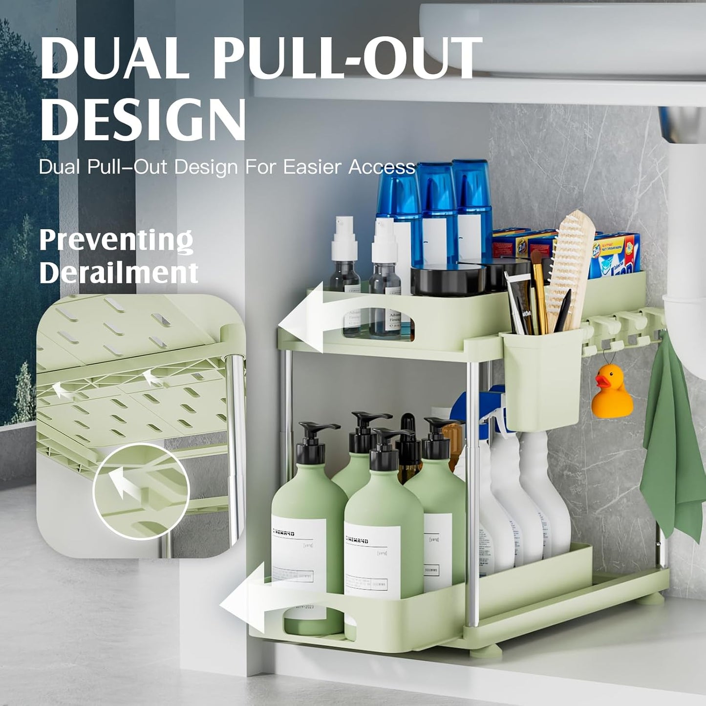 Under Sink Organizer, 2 Pack Under Kitchen Bathroom Cabinet Organizer, 2 Tier Under Bathroom Kitchen Sink Organizer, Adjustable Height Bathroom Kitchen Cabinet Organizers and Storage, Green