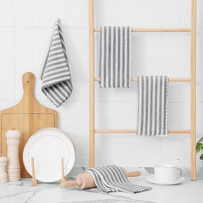 Homaxy Kitchen Towels(12 Pack, 10 x 20 inches), Ultra Soft and Absorbent Dish Towels, Reusable Fast Drying Microfiber Cleaning Cloth, Coral Velvet Wave Design No-lint, Grey