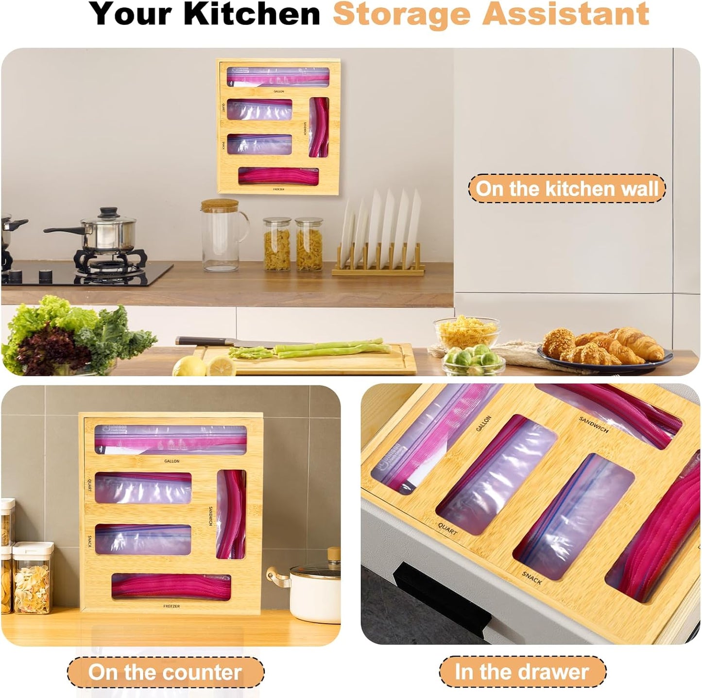 Bag Storage Organizer Compatible with Ziploc Gallon, Quart, Sandwich & Snack Sized Slider Bags,Bamboo Organizer For Drawer(13.7"L*11.8H"*3.1W")