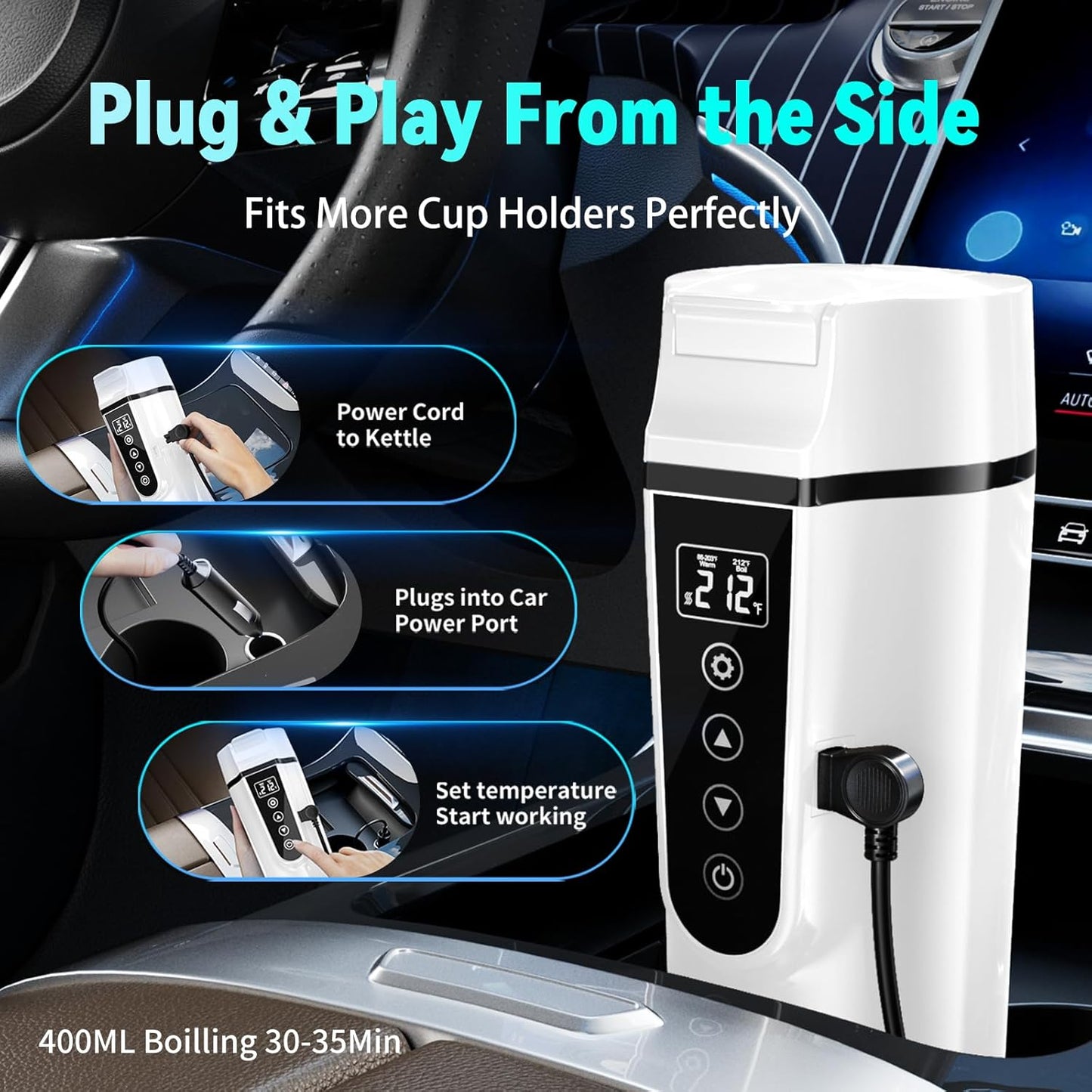 Car Electric Kettle for Travel : FVPE 12V/24V Small Electric Water Kettle, Multi-Temp Control 400 mL Portable Car Water Boiler for Brewing Coffee Tea,LCD Display 304 Stainless Steel Truck Heating Cup