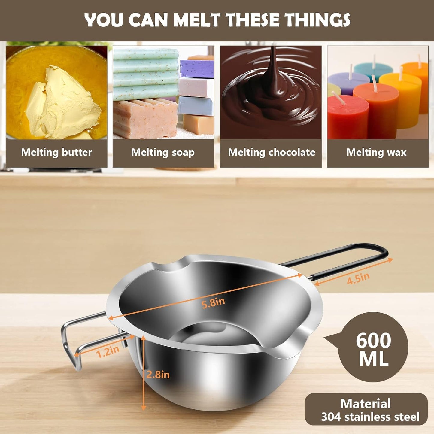 Artcome Double Boiler Melting Pot Set - 600ML/0.6QT Chocolate Melting Pot, 1600ML/1.7QT Stainless Steel Pot, Decorating Spoons, Silicone Spatula and Dipping Tool for Melting Chocolate, Candy, Soap