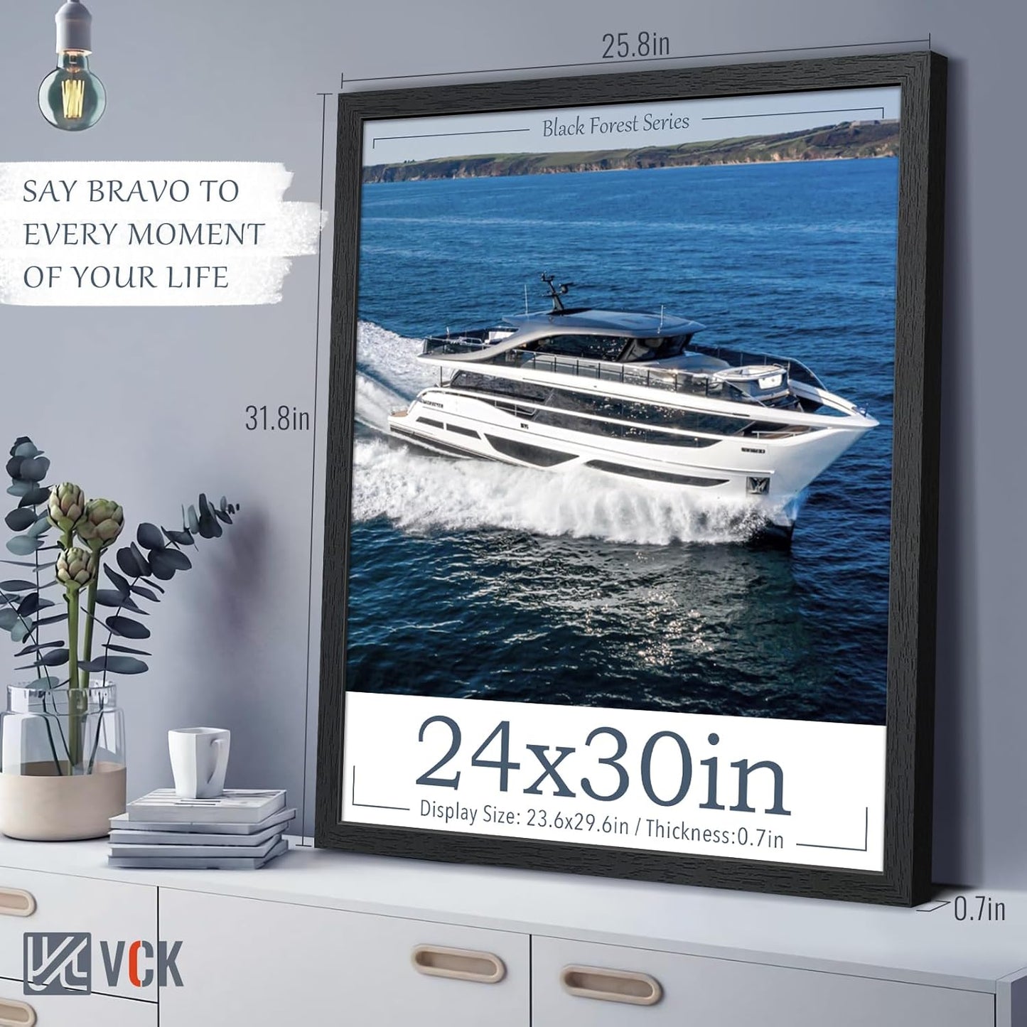 VCK 24x30 Poster Frame Set of 5 - Black, Textured Exclusive Solid Wood Picture Frames with Polished Plexiglass, Wall Hanging