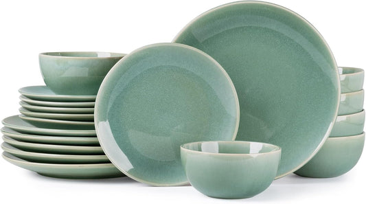 GBHOME Ceramic Dinnerware Sets for 6, 18 Pieces Stoneware Plates and Bowls Sets, Reactive Glaze Dishes -Scratch Resistant, Dishwasher&Microwave Safe-Malachite Green