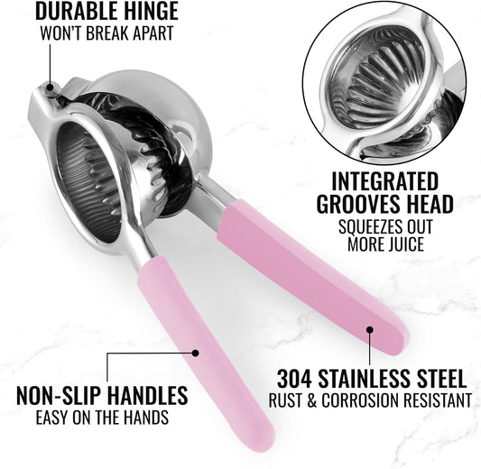 Zulay Kitchen Lemon Squeezer Stainless Steel with Premium Heavy Duty Solid Metal Squeezer Bowl and Food Grade Silicone Handles - Large Manual Citrus Press Juicer and SS Lime Squeezer (Pink)