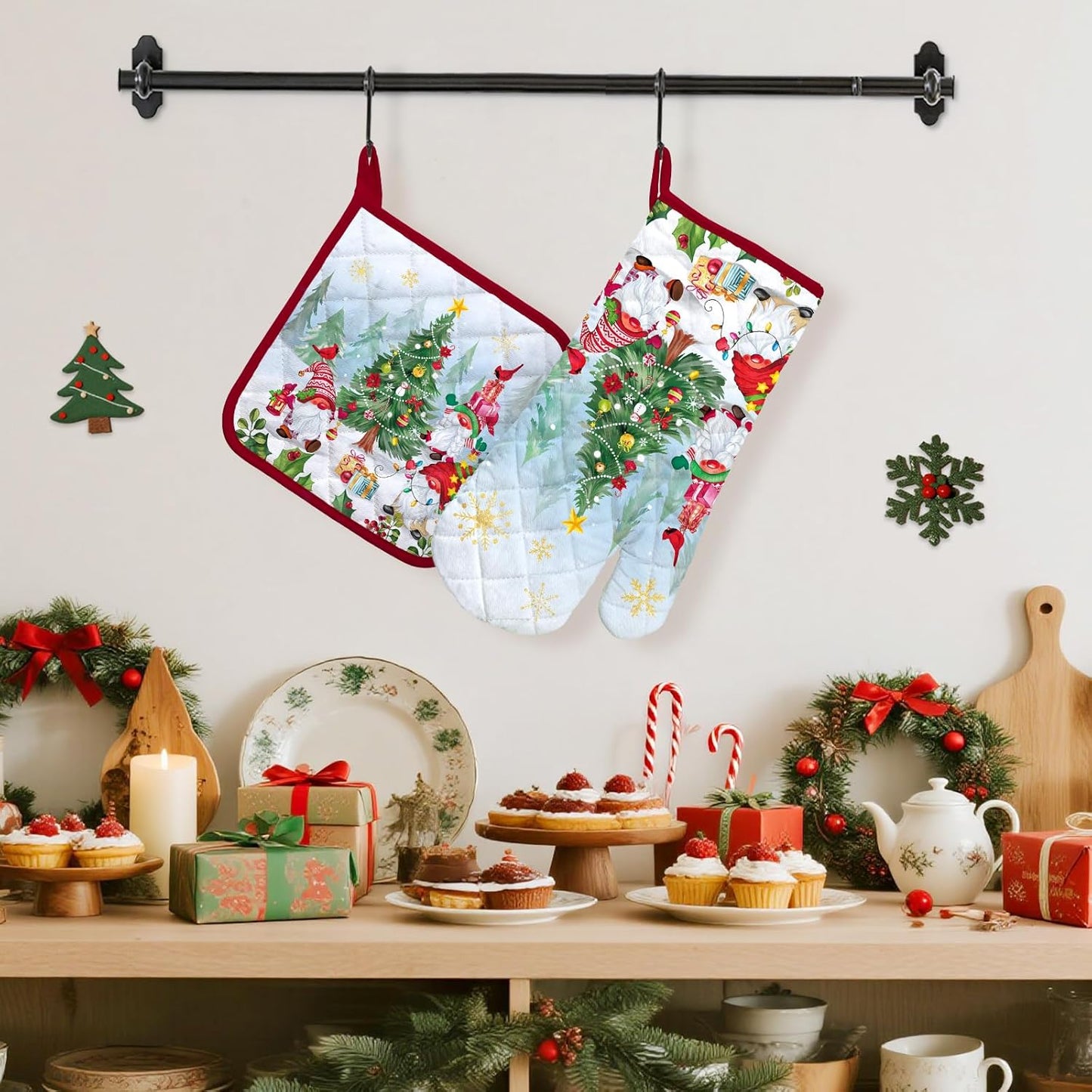 Christmas Winter Gnomes Oven Mitts and Pot Holders Sets 2Pcs, 100% Cotton Heat Resistant, Extra Long Oven Gloves Potholder for Kitchen Cooking Baking Decoration