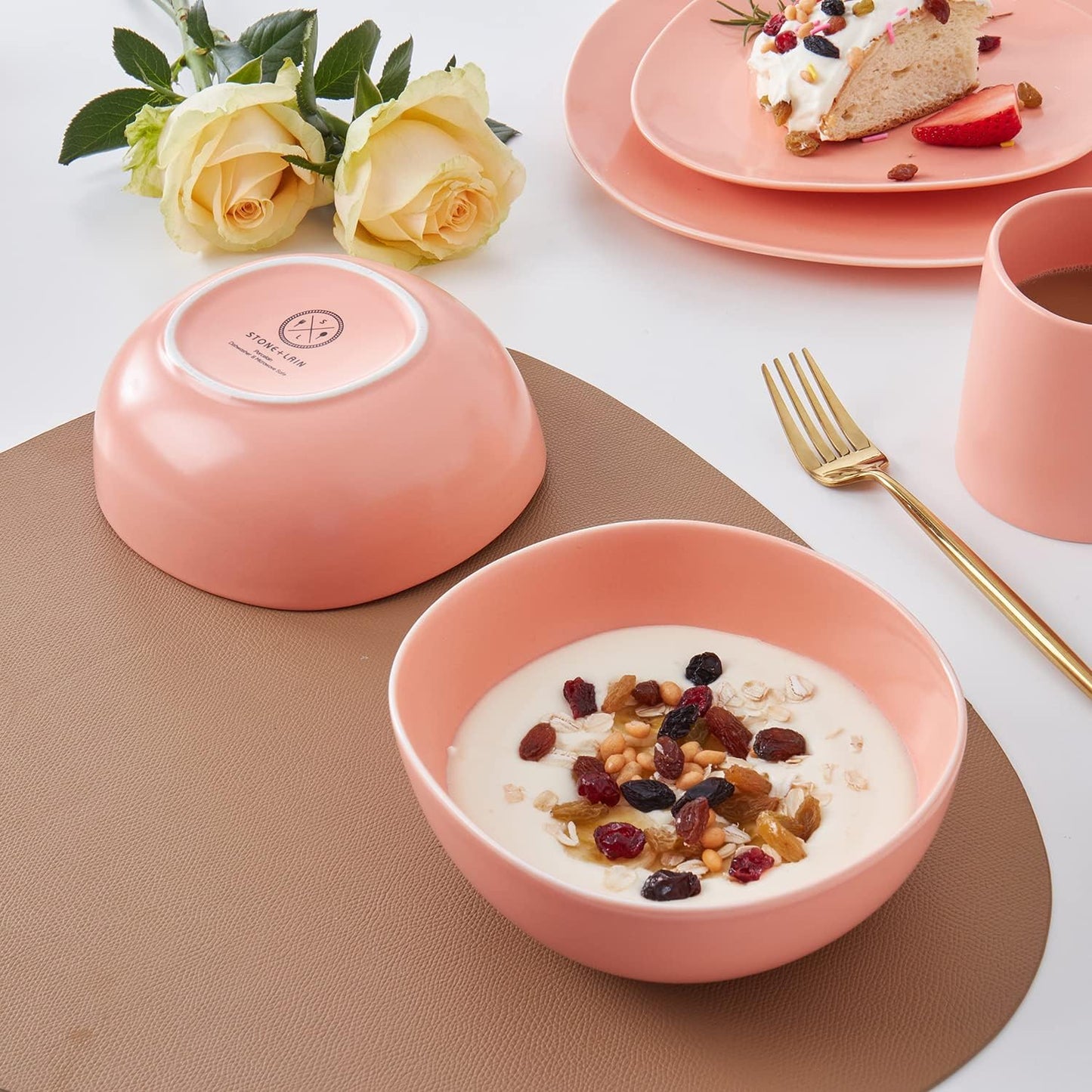 Stone Lain Delilah 6-inch Bowl 6-Piece Dish Set, Porcelain, Peach