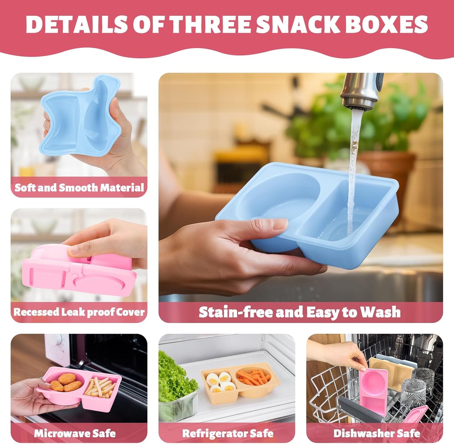 3 PCS Reusable Silicone Snack Containers with Lids Double Compartment Snack Box Container for Food (3P)