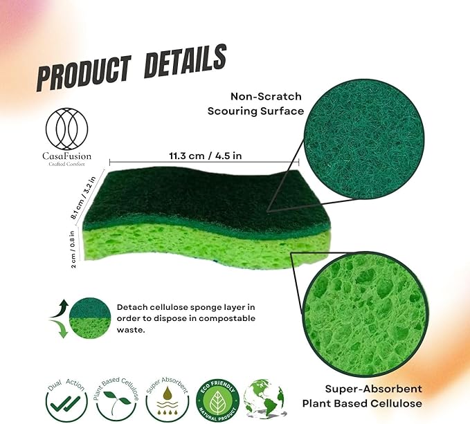 Non-Scratch Cellulose Scrub Sponges, Multipurpose ECO Friendly Plant Based Kitchen Cleaning Sponges, Dual-Sided, with Pan and Grill Scrappers, 12 Pack Blue, Green and Pink
