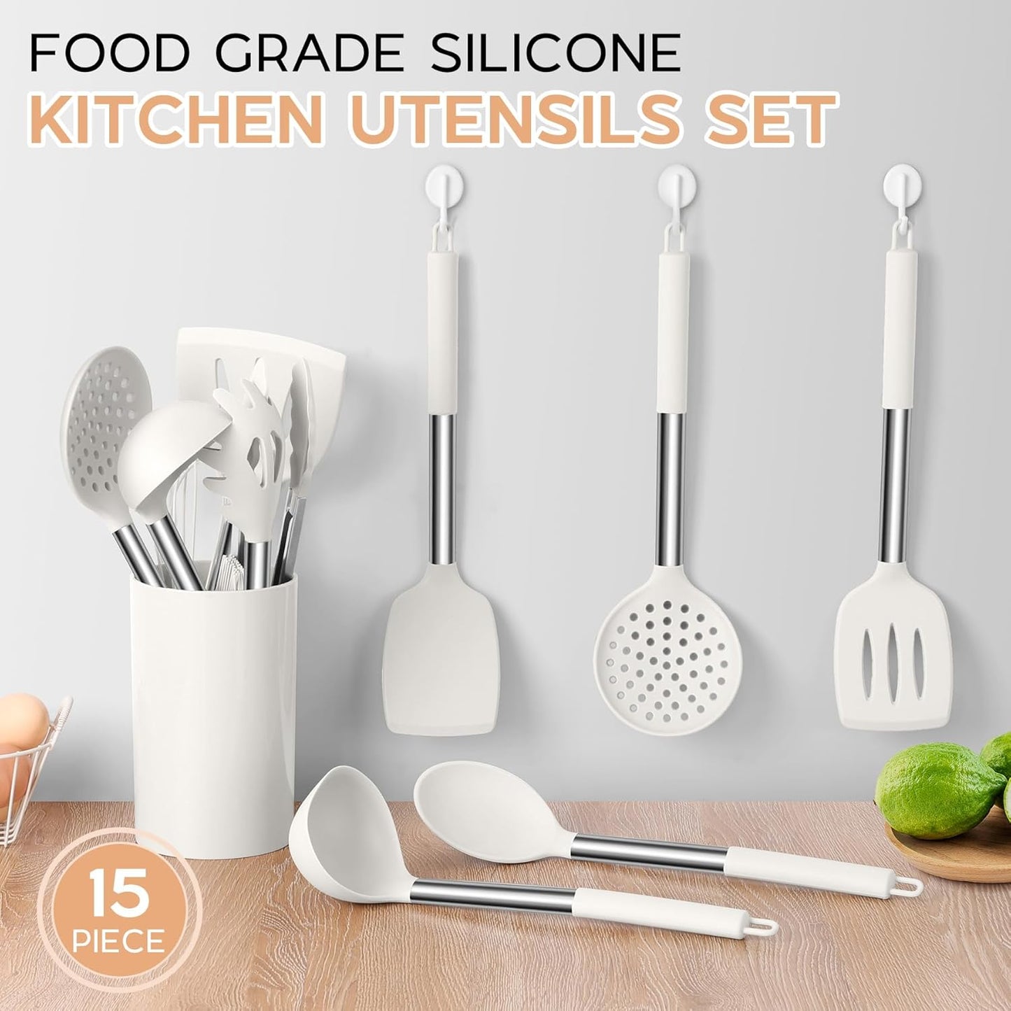 Onader Silicone Kitchen Utensils Set, 15pcs White Silicone Cooking Utensils Set with Holder, Includes Heat Resistant Spatula Turner Spoon Whisk Tong