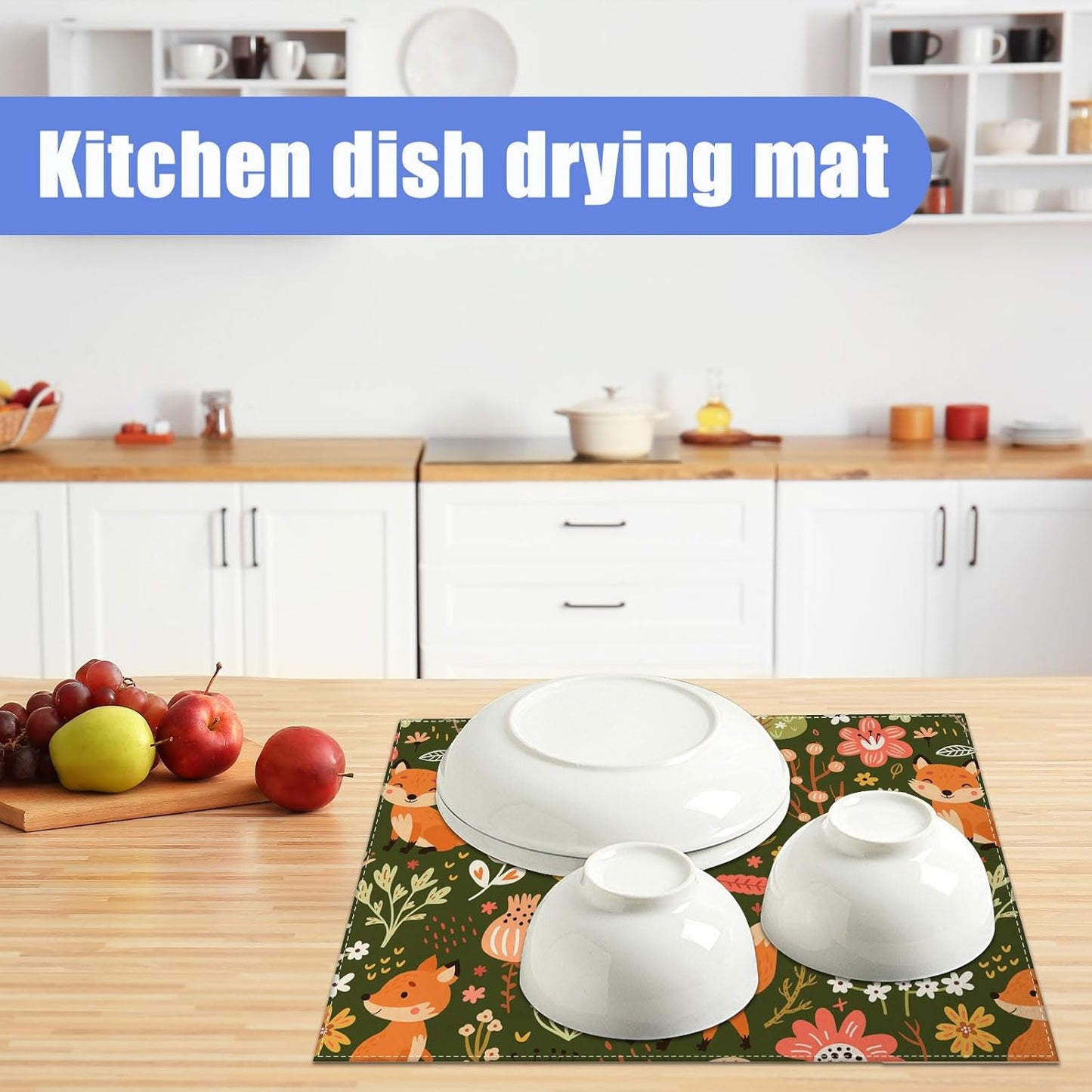 Cute Fox Dish Drying Mat for Kitchen Counter Animals Drying Pad Absorbent Reversible Dish Drainer Rack Mats Draining Pad 18"x24"Inch