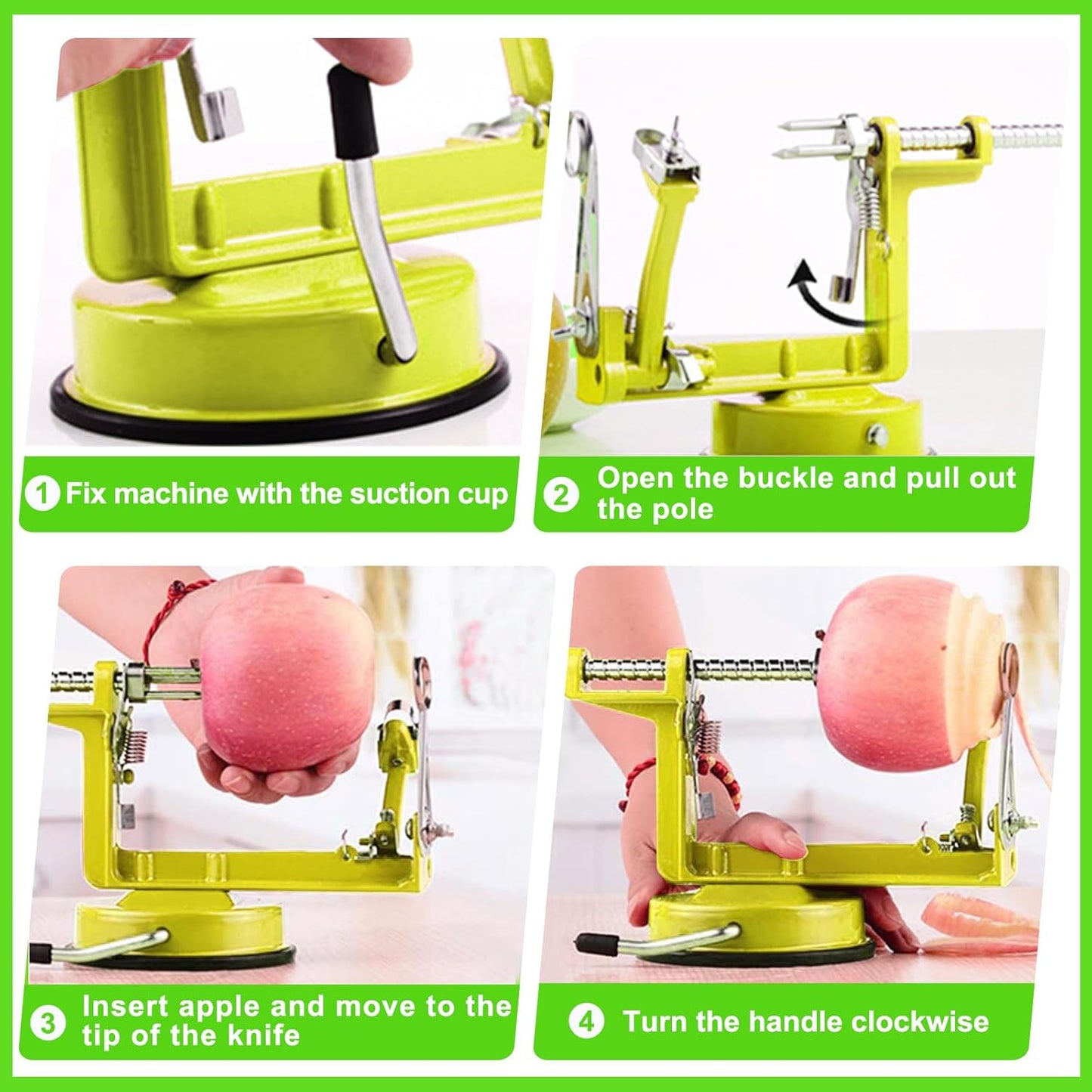 Apple Peeler Corer, Long lasting Chrome Cast Magnesium Alloy Apple Peeler Slicer Corer with Stainless Steel Blades and Powerful Suction Base for Apples and Potato(SpringGreen)