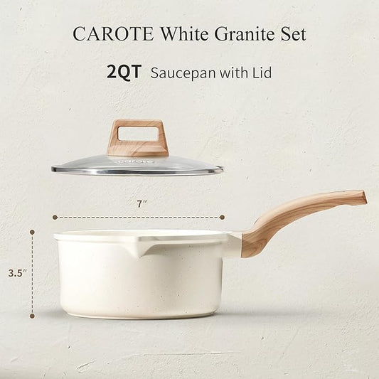 CAROTE 2Qt Sauce Pan Sets with Lid Cooking Pots Nonstick Saucepans Cookware Set with Pour Spout Small Kitchen Pot, Induction Comptable, Easy to Clean, PFOA FREE (White Granite)