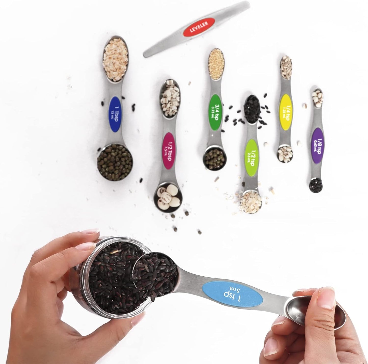 Multicolor Magnetic Measuring Spoons Set with Leveler - Stainless Steel, Stackable, Fits Spice Jars - For Baking Kitchen