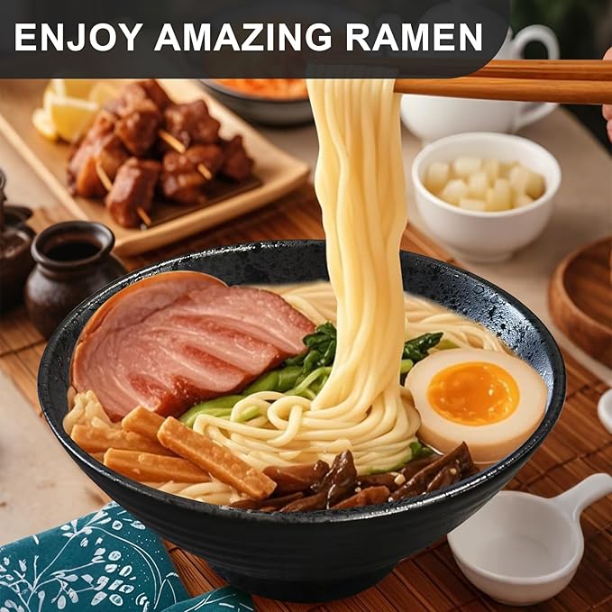 8-Inch Ceramic Ramen Bowl Set of 4 (17 Piece) - Porcelain Japanese Salad Noodles Cereal Fruit Pasta Soup Large Bowls with Recipes Chopsticks Forks Spoons for Men Women Gift Microwave Dishwasher Safe