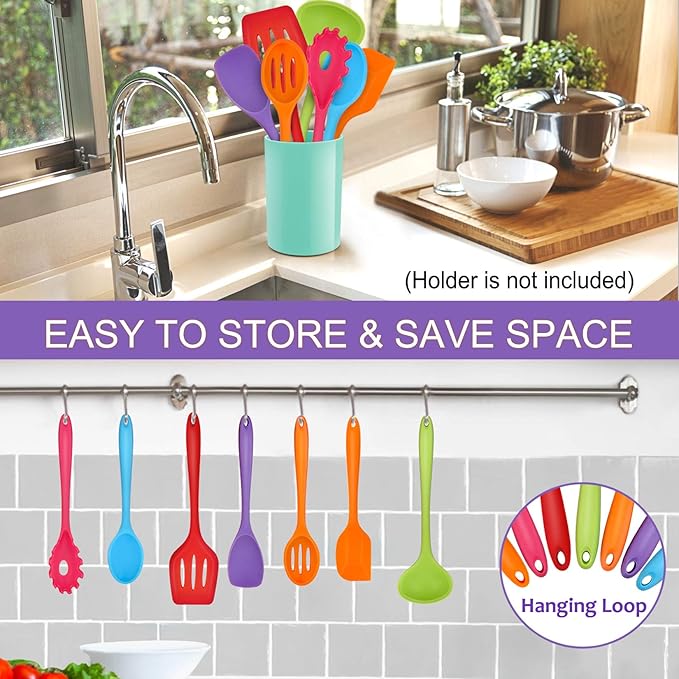 P&P CHEF Silicone Cooking Utensils Set of 7, Heat-proof Kitchen Utensils Set for Nonstick Cookware, Non-stick Spatula, Slotted Turner, Soup Ladle, Pasta Server, Spoon for Cooking Serving - Multicolor